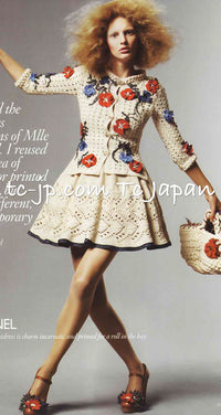 CHANEL 10S Ivory Flower Silk Cotton Knit Cardigan 34 シャネル アイボリー 花柄 アップリケ 刺繍 クロシェ シルク コットン ニット カーディガン 即発