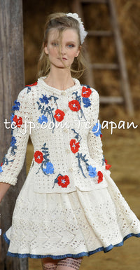 CHANEL 10S Ivory Flower Silk Cotton Knit Cardigan 34 シャネル アイボリー 花柄 アップリケ 刺繍 クロシェ シルク コットン ニット カーディガン 即発