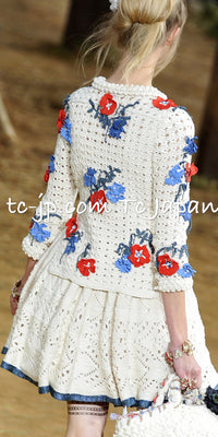 CHANEL 10S Ivory Flower Silk Cotton Knit Cardigan 34 シャネル アイボリー 花柄 アップリケ 刺繍 クロシェ シルク コットン ニット カーディガン 即発