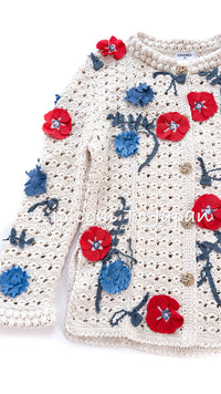 CHANEL 10S Ivory Flower Silk Cotton Knit Cardigan 34 シャネル アイボリー 花柄 アップリケ 刺繍 クロシェ シルク コットン ニット カーディガン 即発