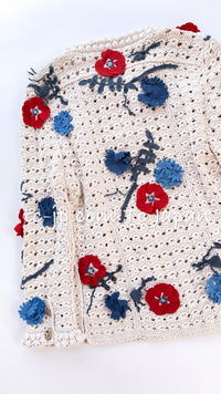 CHANEL 10S Ivory Flower Silk Cotton Knit Cardigan 34 シャネル アイボリー 花柄 アップリケ 刺繍 クロシェ シルク コットン ニット カーディガン 即発