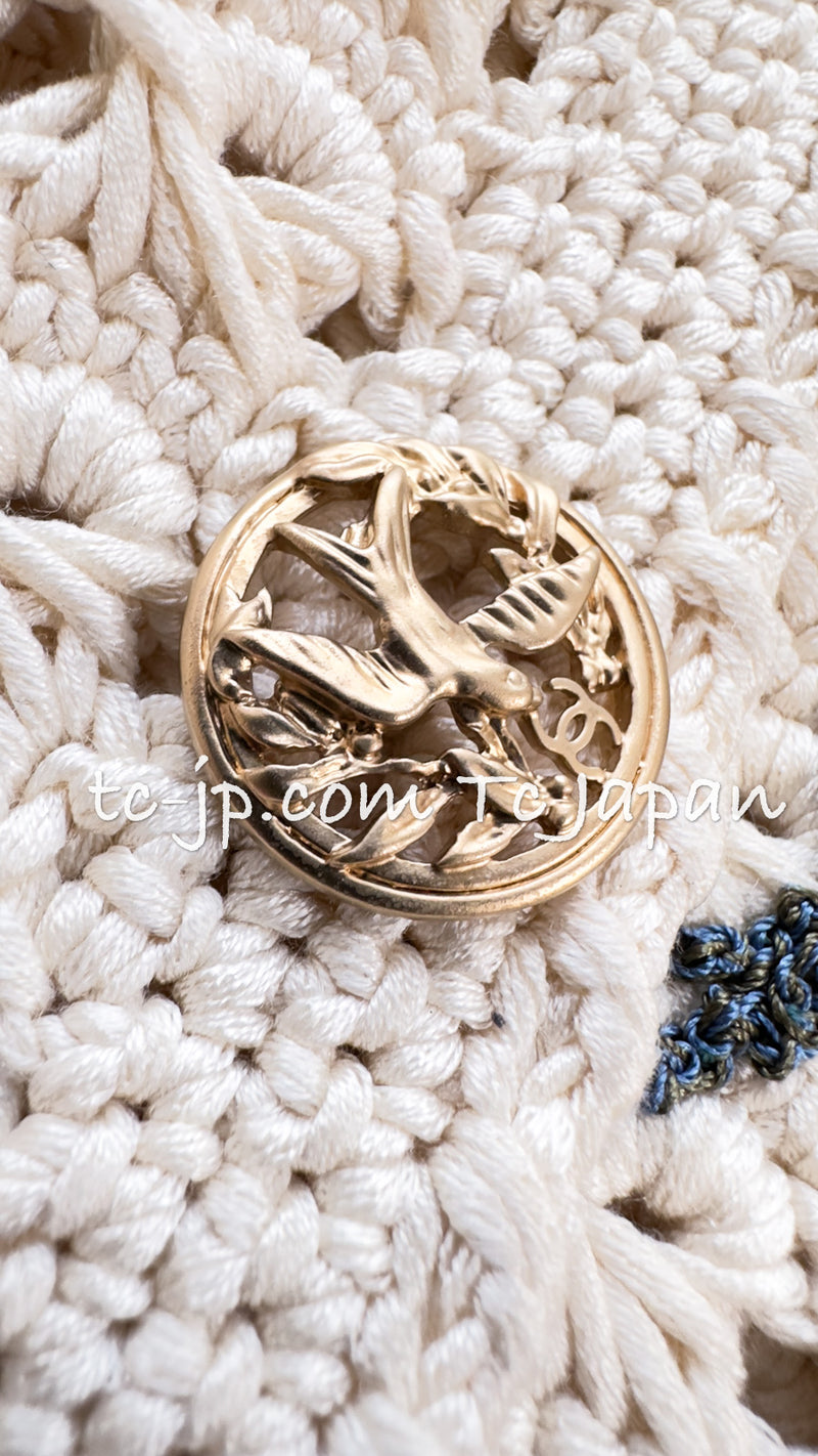 CHANEL 10S Ivory Flower Silk Cotton Knit Cardigan 34 シャネル アイボリー 花柄 アップリケ 刺繍 クロシェ シルク コットン ニット カーディガン 即発