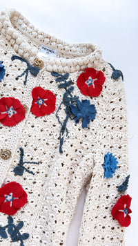CHANEL 10S Ivory Flower Silk Cotton Knit Cardigan 34 シャネル アイボリー 花柄 アップリケ 刺繍 クロシェ シルク コットン ニット カーディガン 即発