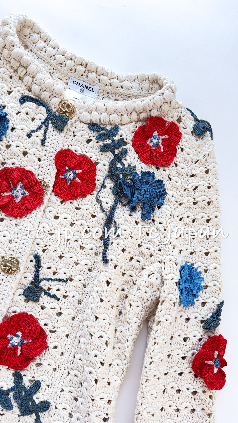 CHANEL 10S Ivory Flower Silk Cotton Knit Cardigan 34 シャネル アイボリー 花柄 アップリケ 刺繍 クロシェ シルク コットン ニット カーディガン 即発
