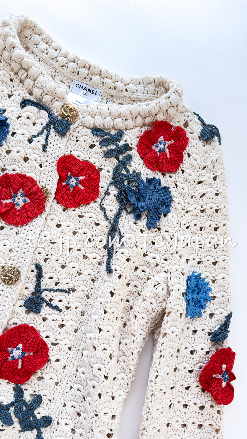 CHANEL 10S Ivory Flower Silk Cotton Knit Cardigan 34 シャネル アイボリー 花柄 アップリケ 刺繍 クロシェ シルク コットン ニット カーディガン 即発