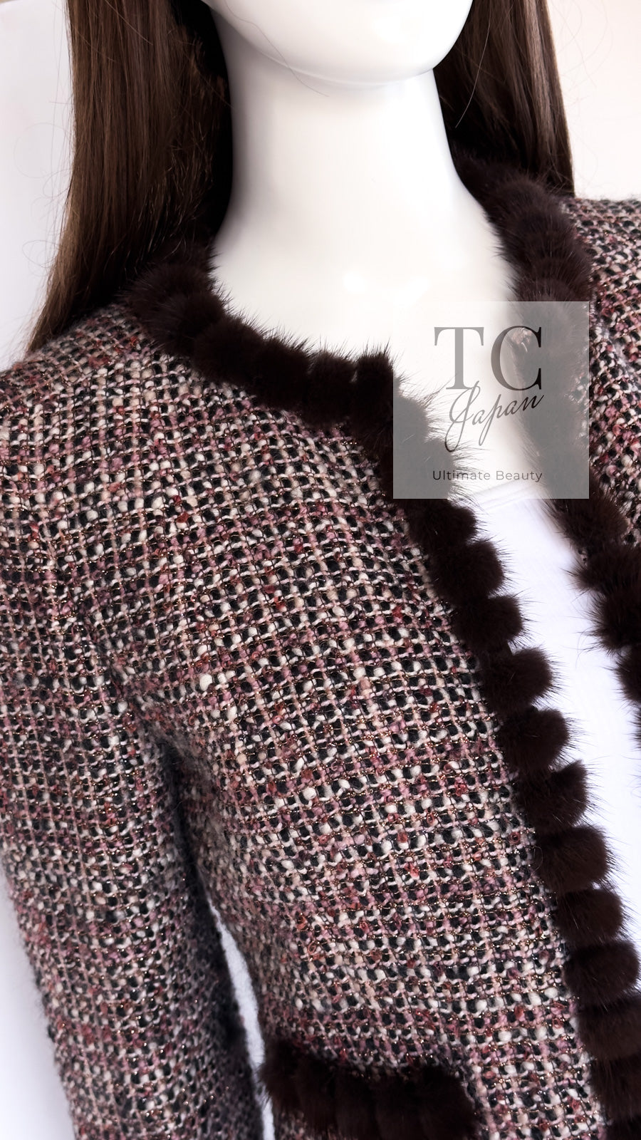 CHANEL 03A Brown Pink Mink Fur Trim Tweed Jacket 36 38 シャネル ブラウン ピンク ミンク ファー トリミング ツイード ジャケット 即発