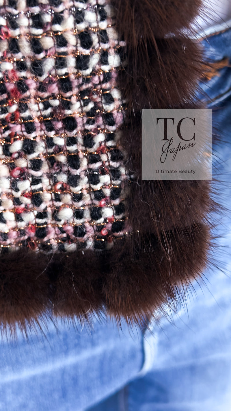 CHANEL 03A Brown Pink Mink Fur Trim Tweed Jacket 36 38 シャネル ブラウン ピンク ミンク ファー トリミング ツイード ジャケット 即発