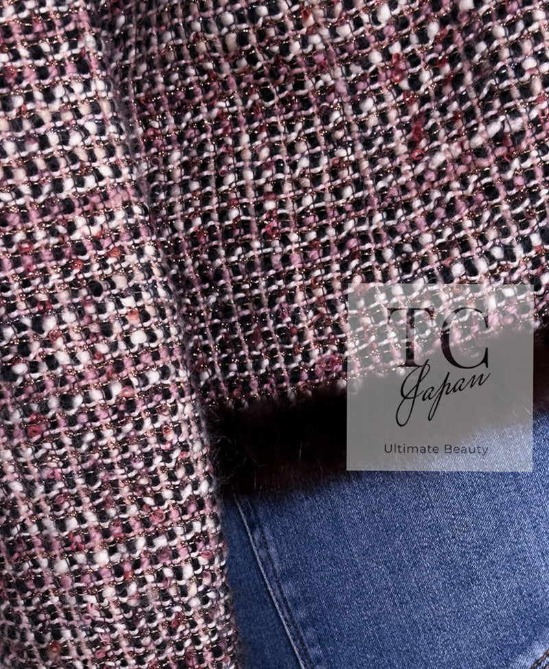 CHANEL 03A Brown Pink Mink Fur Trim Tweed Jacket 36 38 シャネル ブラウン ピンク ミンク ファー トリミング ツイード ジャケット 即発