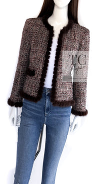 CHANEL 03A Brown Pink Mink Fur Trim Tweed Jacket 36 38 シャネル ブラウン ピンク ミンク ファー トリミング ツイード ジャケット 即発