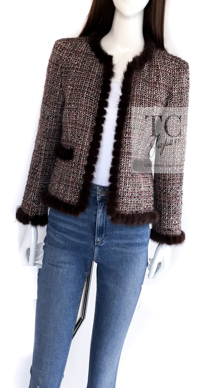 CHANEL 03A Brown Pink Mink Fur Trim Tweed Jacket 36 38 シャネル ブラウン ピンク ミンク ファー トリミング ツイード ジャケット 即発