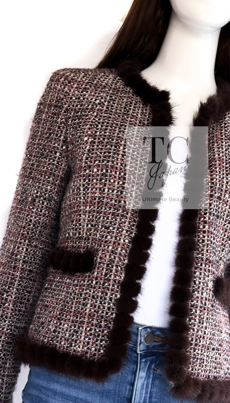 CHANEL 03A Brown Pink Mink Fur Trim Tweed Jacket 36 38 シャネル ブラウン ピンク ミンク ファー トリミング ツイード ジャケット 即発