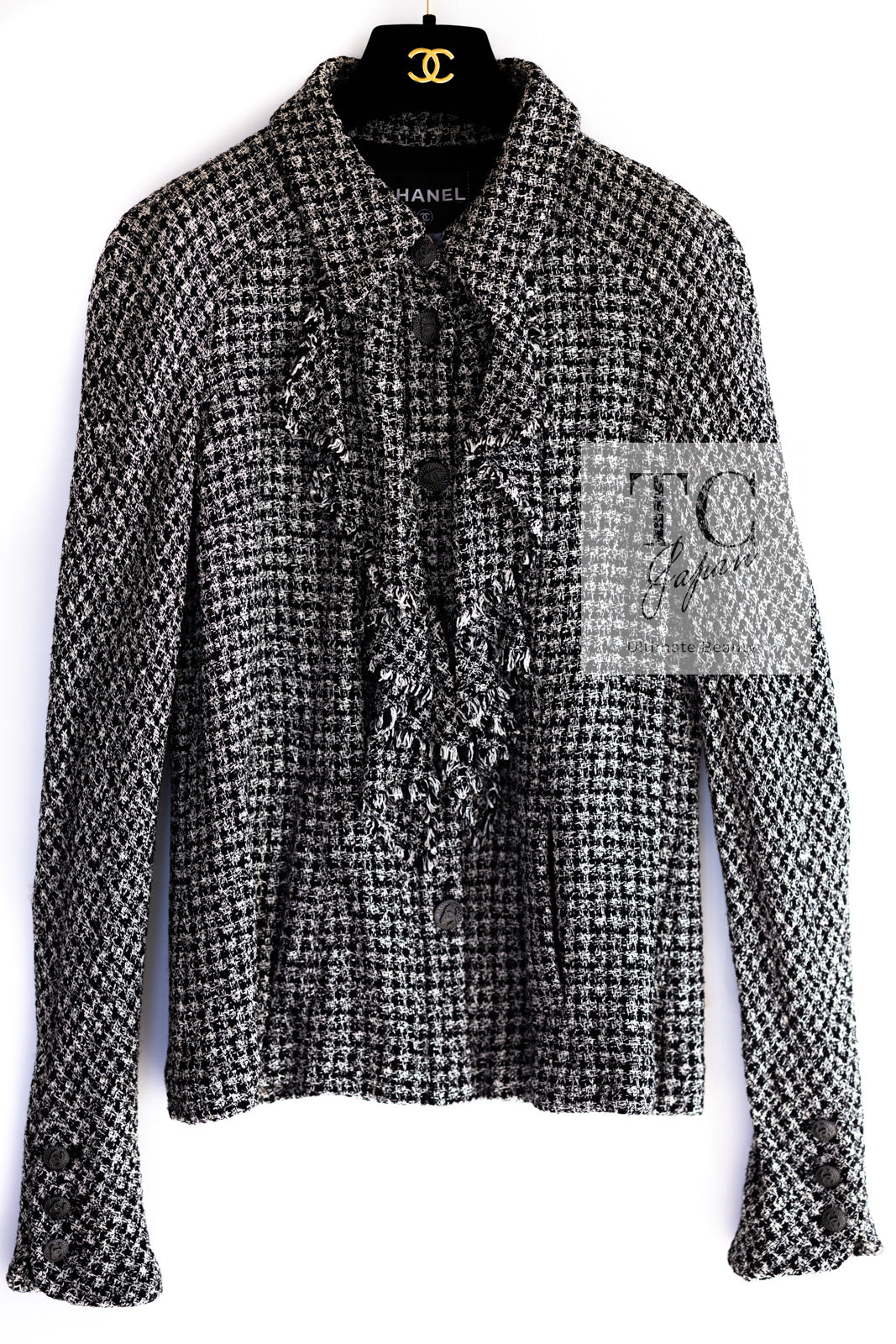 CHANEL 09S Black White Silk Wool Cardigan Jacket 38 シャネル ブラック ホワイト シルク ウール カーディガン ジャケット 即発