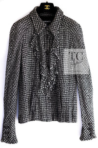 CHANEL 09S Black White Silk Wool Cardigan Jacket 38 シャネル ブラック ホワイト シルク ウール カーディガン ジャケット 即発