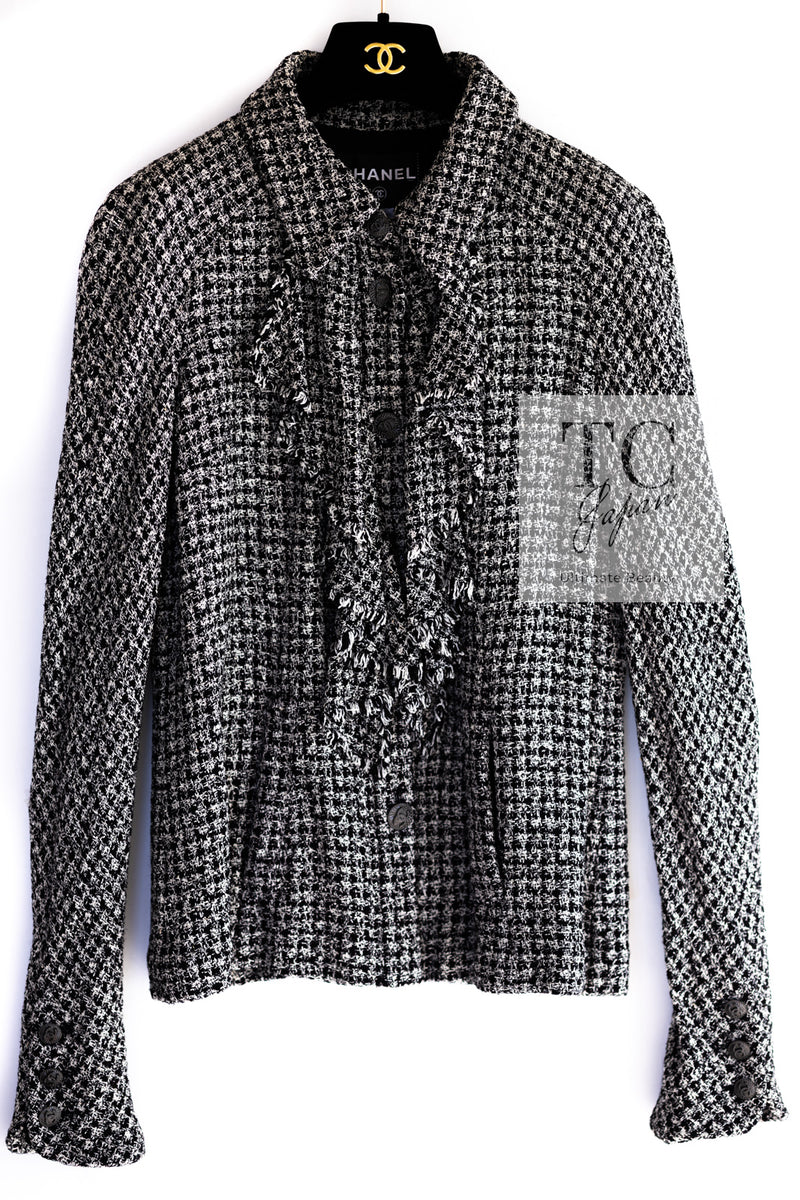 CHANEL 09S Black White Silk Wool Cardigan Jacket 38 シャネル ブラック ホワイト シルク ウール カーディガン ジャケット 即発