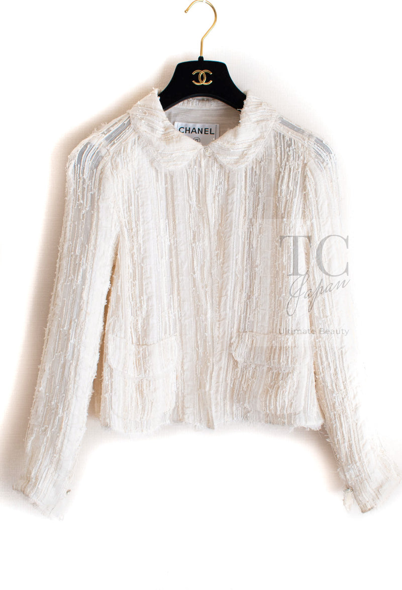 CHANEL 07C Ivory Creme Cotton Silk Cardigan Jacket 34 シャネル アイボリー クリーム コットン シルク カーディガン ジャケット 即発