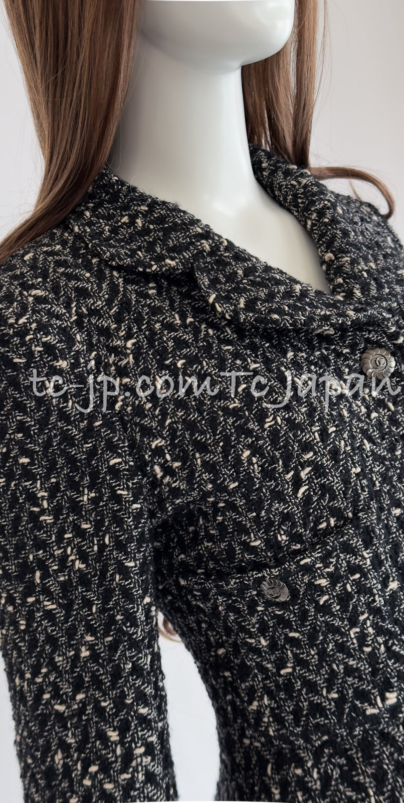 CHANEL 97A Vintage Black Gray Chevron Tweed Jacket Skirt Suit 36 38 40 シャネル ヴィンテージ ブラック グレー シェブロン ツイード ジャケット スカート スーツ 即発