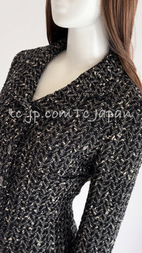 CHANEL 97A Vintage Black Gray Chevron Tweed Jacket Skirt Suit 38 40 シャネル ヴィンテージ ブラック グレー シェブロン ツイード ジャケット スカート スーツ 即発