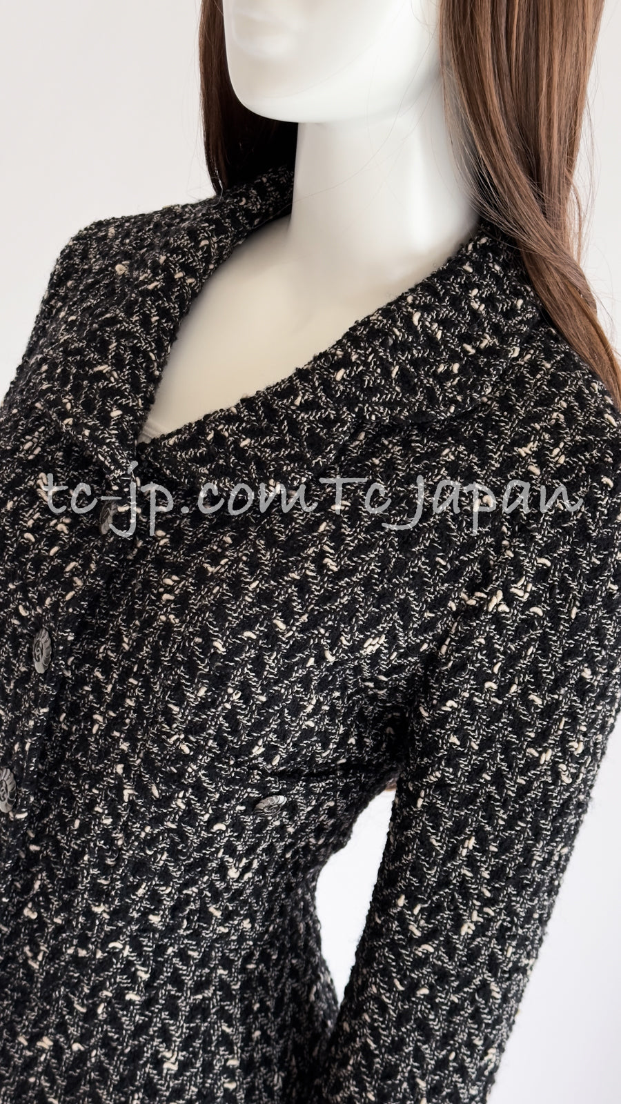 CHANEL 97A Vintage Black Gray Chevron Tweed Jacket Skirt Suit 38 40 シャネル ヴィンテージ ブラック グレー シェブロン ツイード ジャケット スカート スーツ 即発