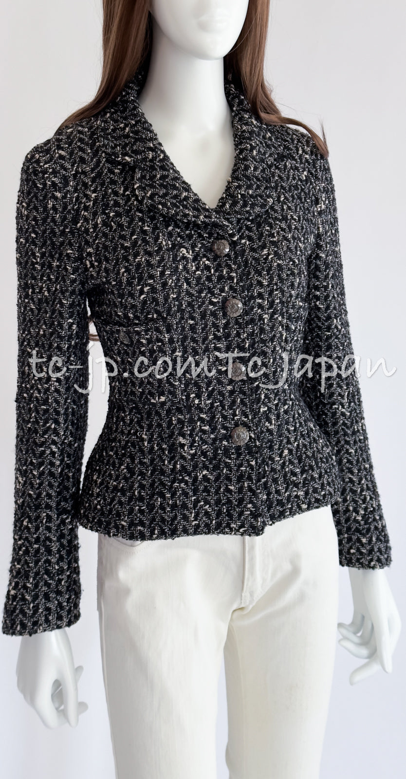 CHANEL 97A Vintage Black Gray Chevron Tweed Jacket Skirt Suit 36 38 40 シャネル ヴィンテージ ブラック グレー シェブロン ツイード ジャケット スカート スーツ 即発