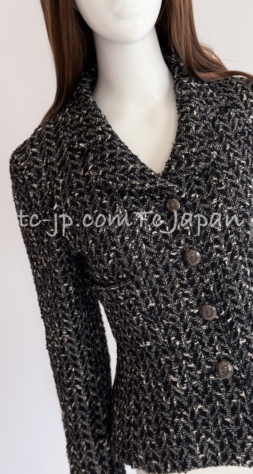 CHANEL 97A Vintage Black Gray Chevron Tweed Jacket Skirt Suit 36 38 40 シャネル ヴィンテージ ブラック グレー シェブロン ツイード ジャケット スカート スーツ 即発