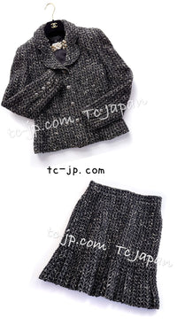 CHANEL 97A Vintage Black Gray Chevron Tweed Jacket Skirt Suit 38 40 シャネル ヴィンテージ ブラック グレー シェブロン ツイード ジャケット スカート スーツ 即発