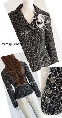 CHANEL 97A Vintage Black Gray Chevron Tweed Jacket Skirt Suit 38 40 シャネル ヴィンテージ ブラック グレー シェブロン ツイード ジャケット スカート スーツ 即発
