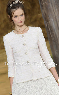 CHANEL 10S Pale Beige Pink Ivory Cotton Tweed Jacket 34 36 シャネル ペール ベージュ ピンク アイボリー コットン ツイード ジャケット 即発