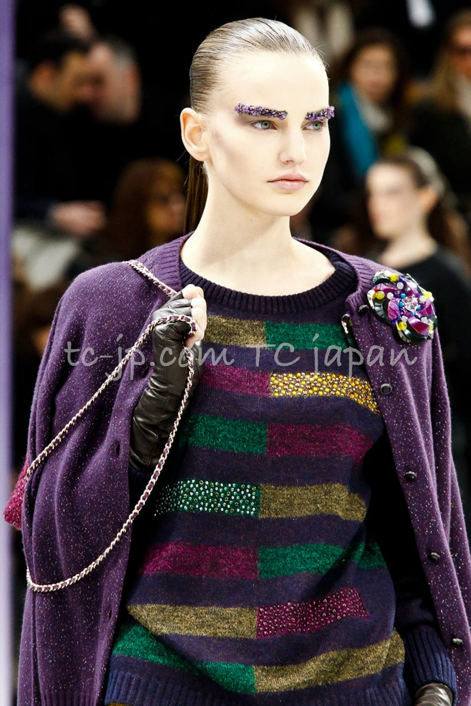 CHANEL 12A Purple Knit Cashmere Cardigan Gripox Buttons 38 40 シャネル パープル ニット カシミア カーディガン グリポワ宝石ボタン 即発 - TC JAPAN