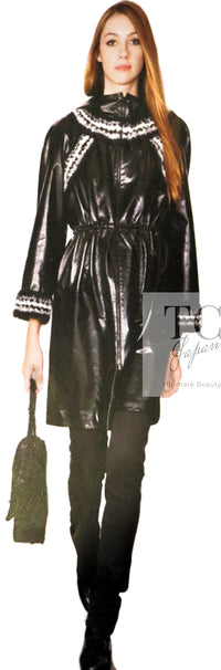 CHANEL 13B Black Lamb Leather Braid Trim Coat 38 40 シャネル ブラック ラム レザー ブレイド トリミング コート 即発