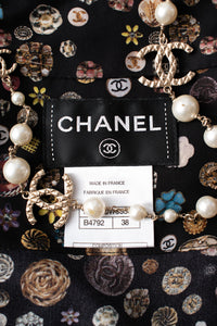 CHANEL 13B Black Silk CC Button Series Velvet Short Sleeve Dress 36 38 シャネル シルク CC ボタン シリーズ 柄 ベルベット 半袖 ワンピース 即発