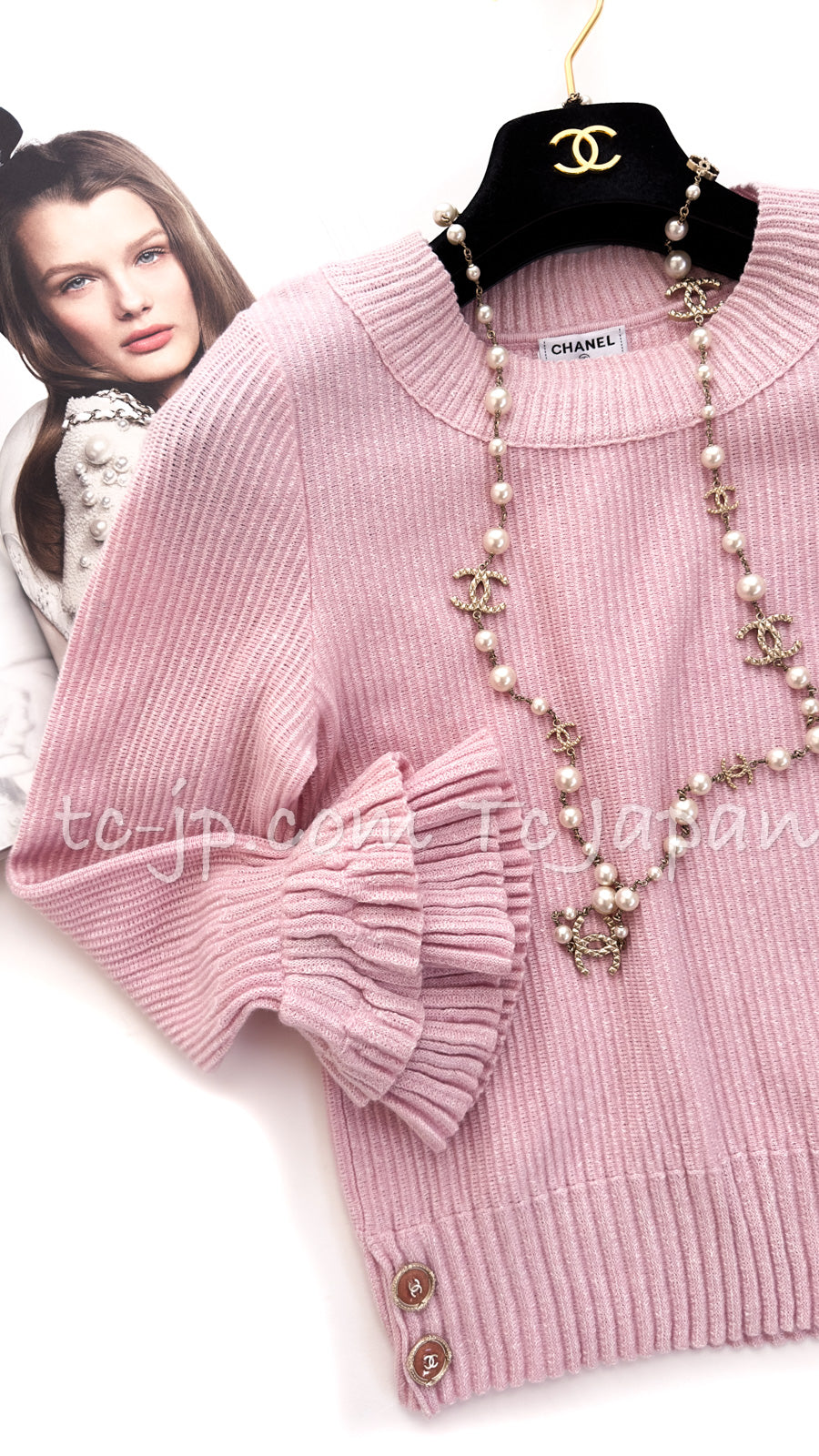 CHANEL 13C Cashmere Linen Knit Tops Sweater 40 42 シャネル ピンク カシミア リネン フリル ニット トップス セーター ココボタン 即発