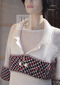 CHANEL 13S White Red Navy Quilted Trim Cropped Mesh Jacket 34 36 シャネル ホワイト レッド ネイビー トリム クロップド メッシュ ジャケット 即発