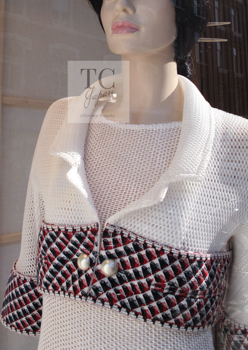 CHANEL 13S White Red Navy Quilted Trim Cropped Mesh Jacket 34 36 シャネル ホワイト レッド ネイビー トリム クロップド メッシュ ジャケット 即発