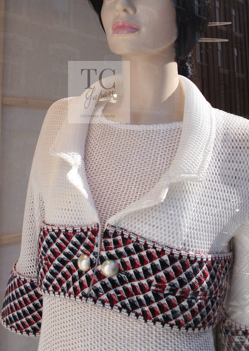 CHANEL 13S White Red Navy Quilted Trim Cropped Mesh Jacket 34 36 シャネル ホワイト レッド ネイビー トリム クロップド メッシュ ジャケット 即発