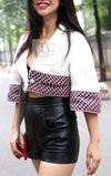 CHANEL 13S White Red Navy Quilted Trim Cropped Mesh Jacket 34 36 シャネル ホワイト レッド ネイビー トリム クロップド メッシュ ジャケット 即発