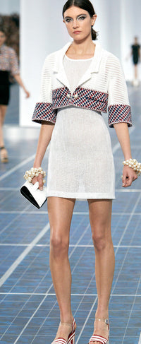 CHANEL 13S White Red Navy Quilted Trim Cropped Mesh Jacket 34 36 シャネル ホワイト レッド ネイビー トリム クロップド メッシュ ジャケット 即発