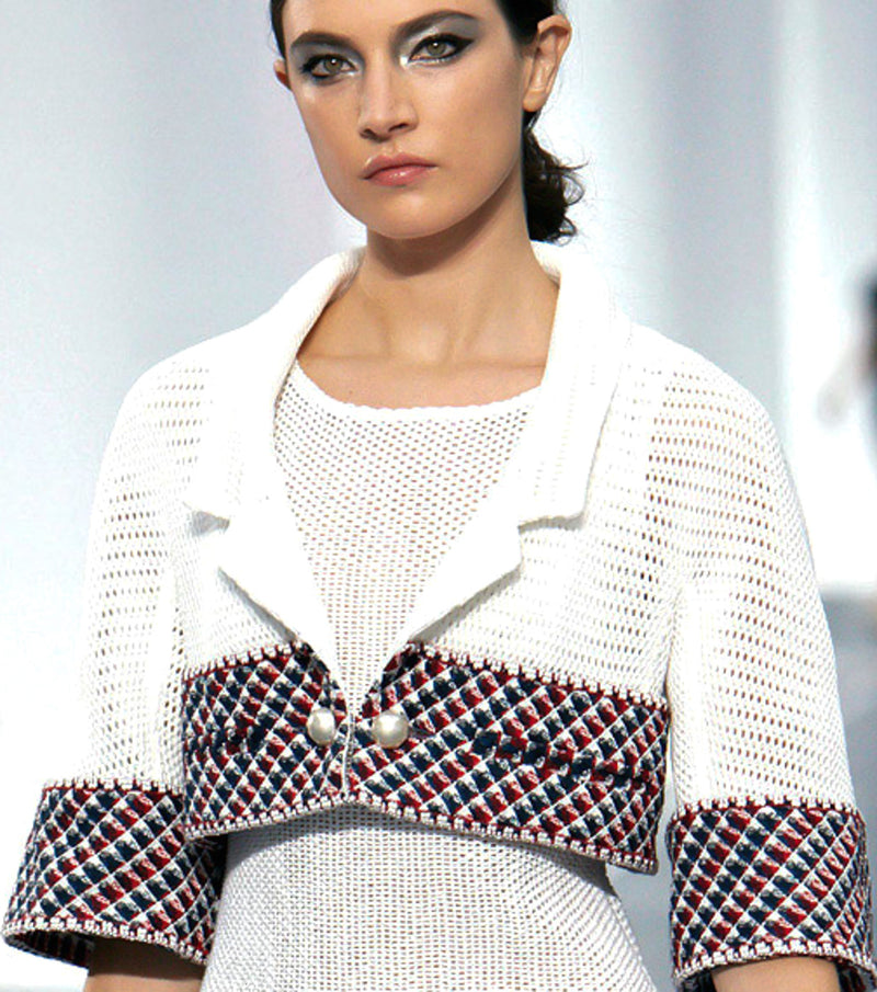 CHANEL 13S White Red Navy Quilted Trim Cropped Mesh Jacket 34 36 シャネル ホワイト レッド ネイビー トリム クロップド メッシュ ジャケット 即発