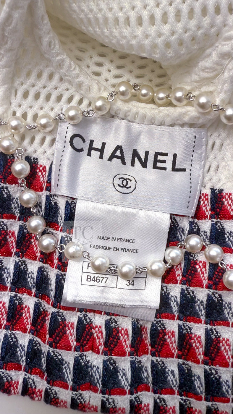 CHANEL 13S White Red Navy Quilted Trim Cropped Mesh Jacket 34 36 シャネル ホワイト レッド ネイビー トリム クロップド メッシュ ジャケット 即発