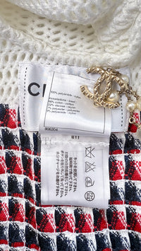CHANEL 13S White Red Navy Quilted Trim Cropped Mesh Jacket 34 36 シャネル ホワイト レッド ネイビー トリム クロップド メッシュ ジャケット 即発