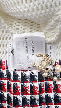 CHANEL 13S White Red Navy Quilted Trim Cropped Mesh Jacket 34 36 シャネル ホワイト レッド ネイビー トリム クロップド メッシュ ジャケット 即発