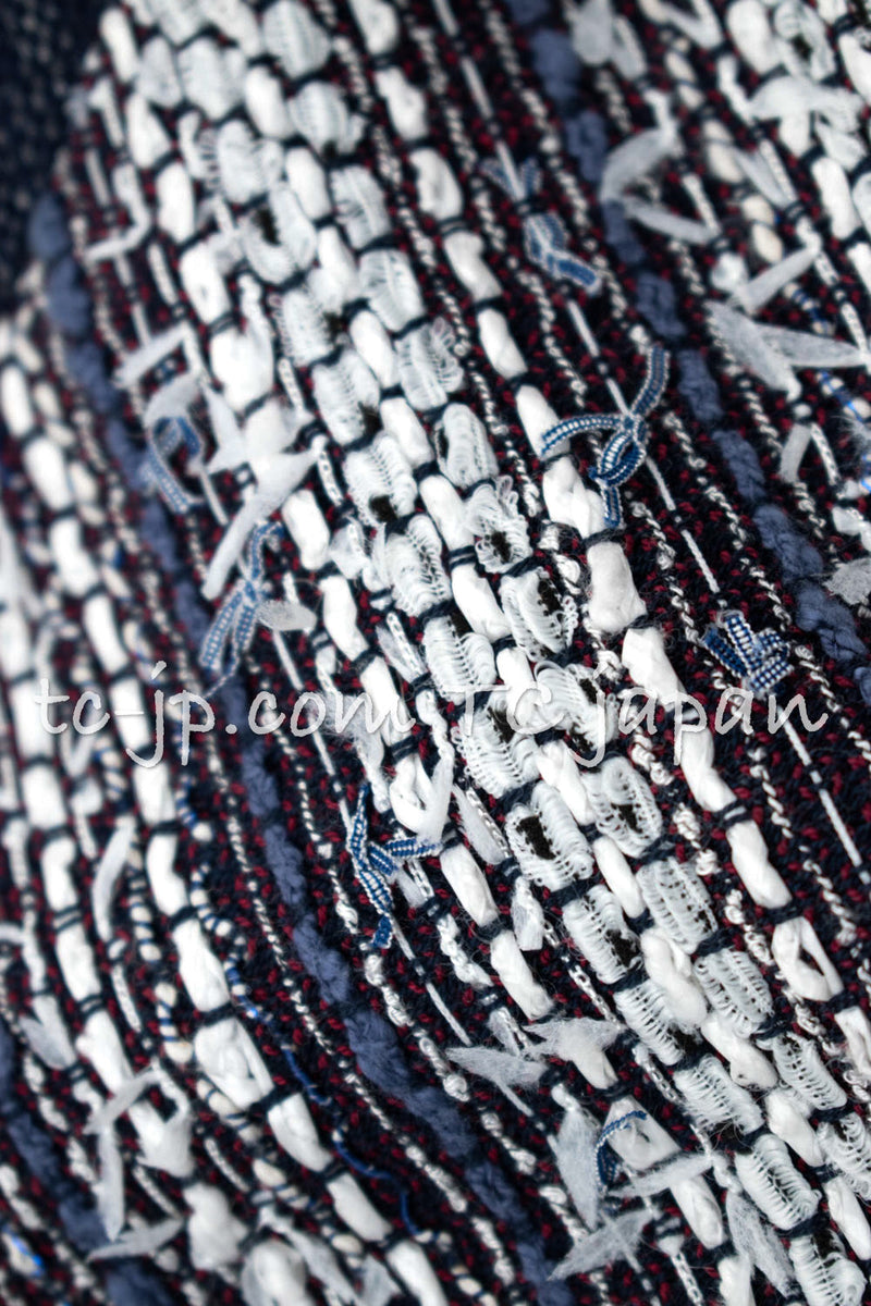 CHANEL 13S Navy White Stripe Cotton Tweed Dress 44 シャネル ネイビー ホワイト ストライプ柄 コットン ツイード ワンピース 即発