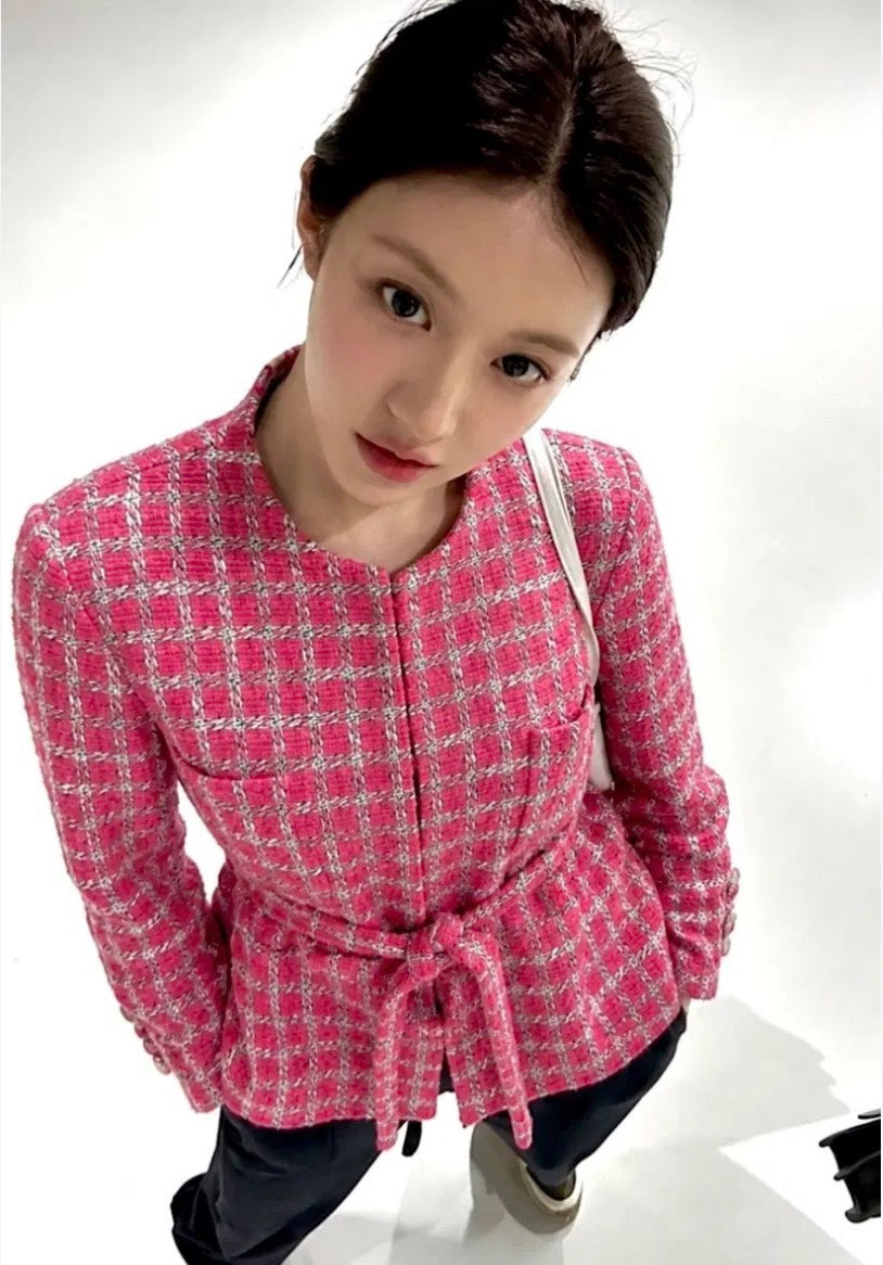 CHANEL Jacket 14S Pink White Belt Cotton Tweed 34 | TW