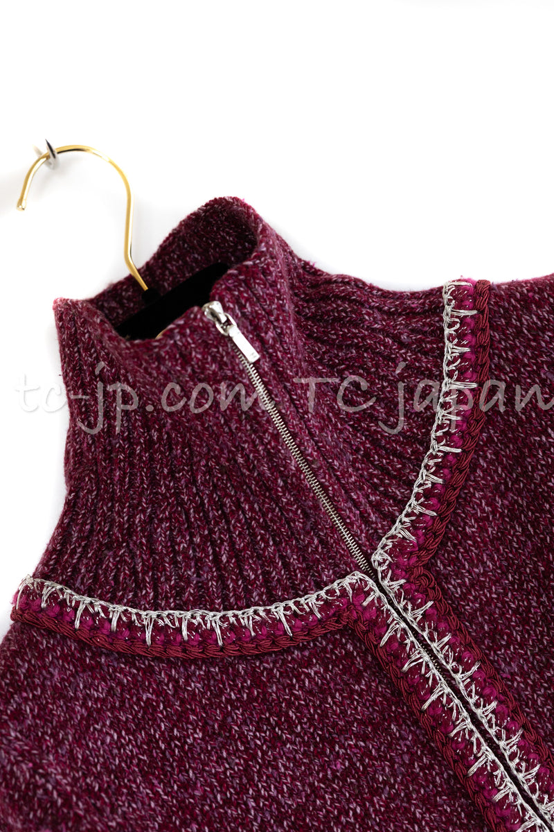 CHANEL 16A Plum Wine Red Cashmere Silk Zipper Knit Cardigan 36 38 シャネル プラム ワイン レッド カシミヤ シルク ジッパー ニット カーディガン 即発