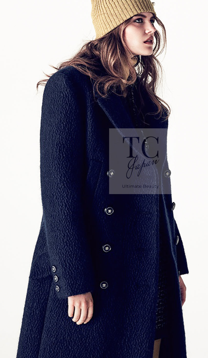 CHANEL 17B Black Dark Navy Wool CC Logo Button Double Coat 38 40 シャネル ブラック ダーク ネイビー ウール CC ロゴボタン ダブル コート 即発