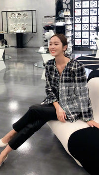 CHANEL 18S Navy Blue Ivory Checked Cotton Collarless Tweed Jacket 42 44 シャネル ネイビー ブルー アイボリー チェック コットン ノーカラー ツイード ジャケット 即発