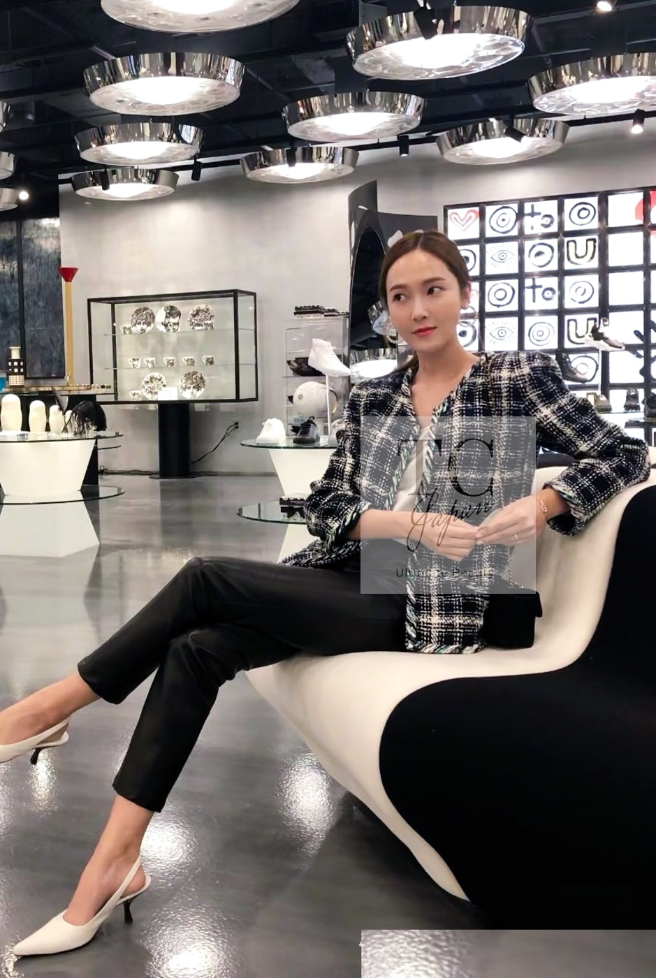 CHANEL 18S Navy Blue Ivory Checked Cotton Collarless Tweed Jacket 42 44 シャネル ネイビー ブルー アイボリー チェック コットン ノーカラー ツイード ジャケット 即発