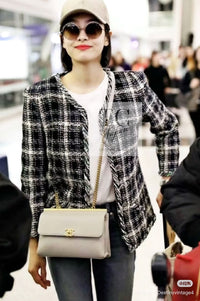 CHANEL 18S Navy Blue Ivory Checked Cotton Collarless Tweed Jacket Skirt Suit 42 シャネル ネイビー ブルー アイボリー チェック コットン ノーカラー ツイード ジャケット スカート スーツ 即発 - TC JAPAN
