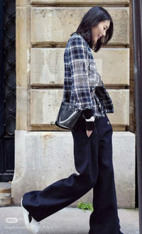 CHANEL 18S Navy Blue Ivory Checked Cotton Collarless Tweed Jacket 42 44 シャネル ネイビー ブルー アイボリー チェック コットン ノーカラー ツイード ジャケット 即発