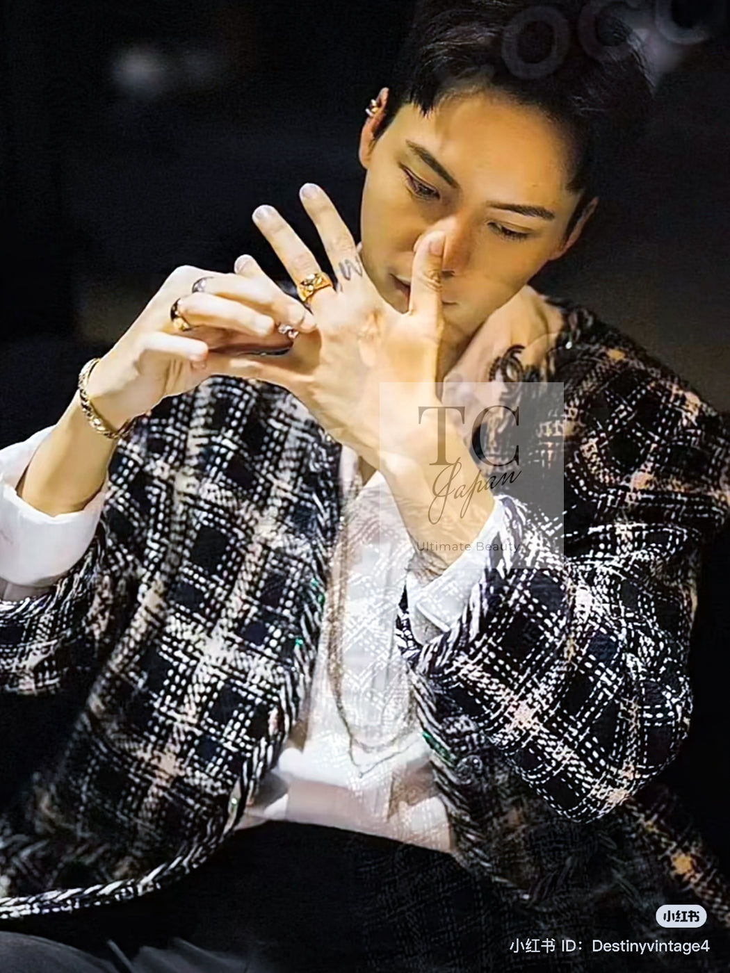 CHANEL 18S Navy Blue Ivory Checked Cotton Collarless Tweed Jacket 42 44 シャネル ネイビー ブルー アイボリー チェック コットン ノーカラー ツイード ジャケット 即発