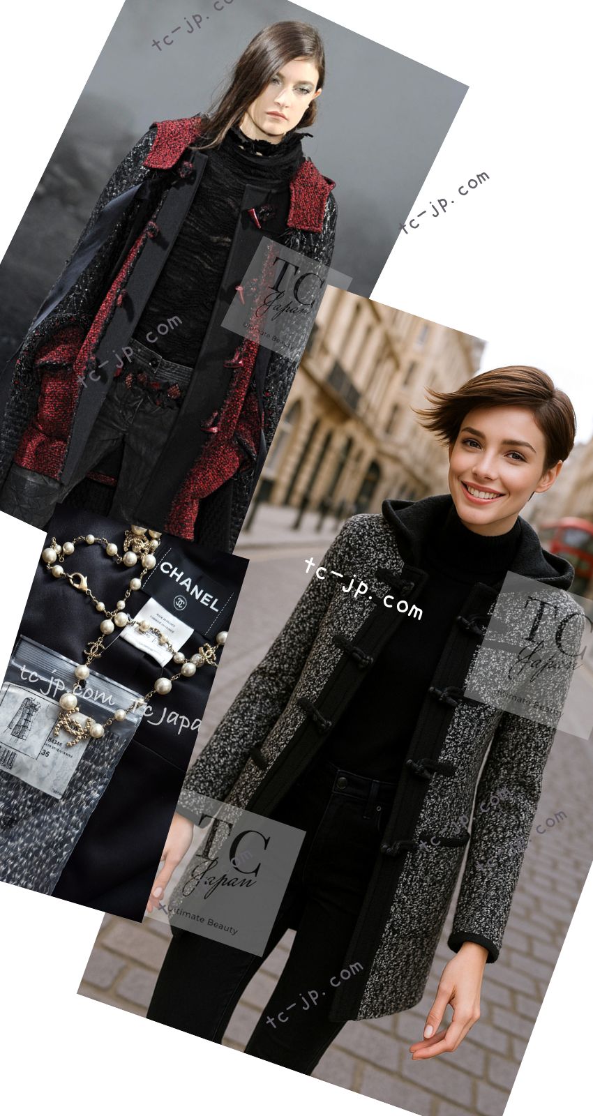 CHANEL(シャネル) ツイード調　ニットダッフルコート　アウター シャネル コート CHANEL ブラック グレー ウール ダッフル